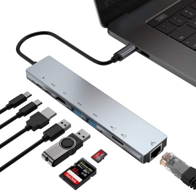 Hub USB-C multifuncțional 8-în-1 G-DS-WC7367 cu HDMI, USB 3.0, RJ45 și PD