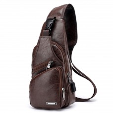 Crossbody Leisure PU Leather, USB Charging Port, Dark Brown